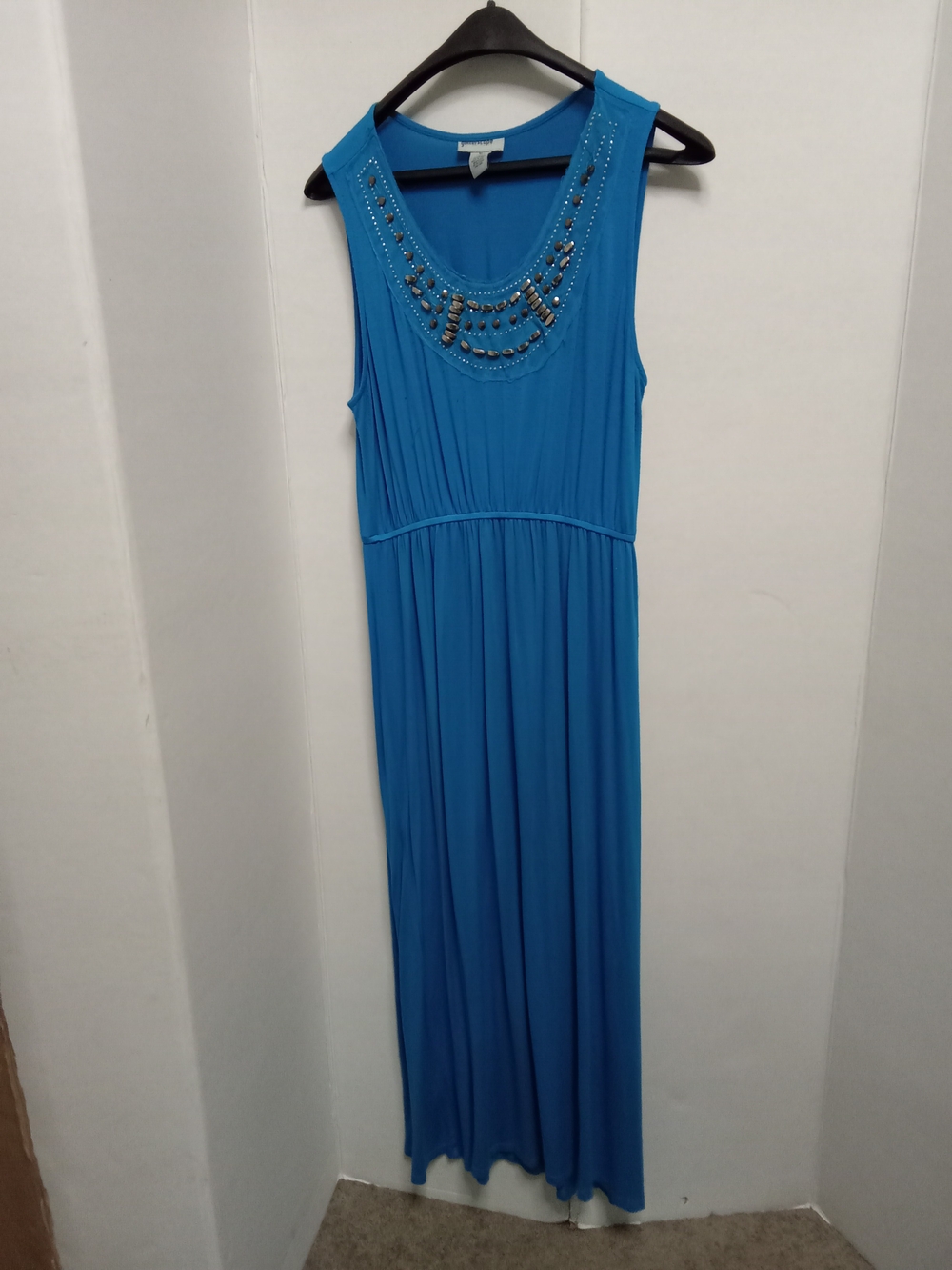 Blue Glitter Escape Maxi Dress Sleeveless Pleated Necklace Detail